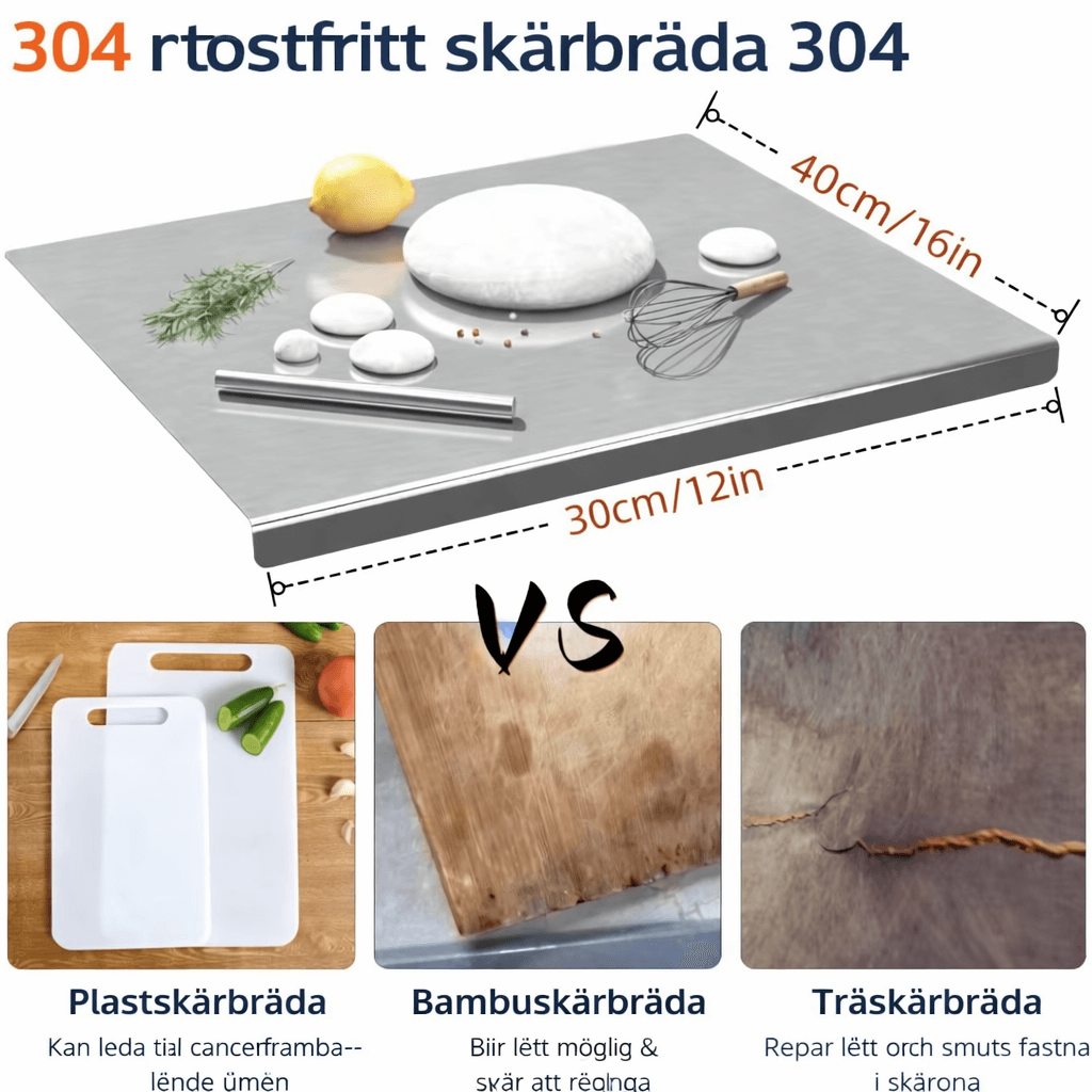 AKSEL – Skärbräda i Rostfritt Stål med Halkskydd, Säker Kant och Slitstark Yta för Kök & Bakning