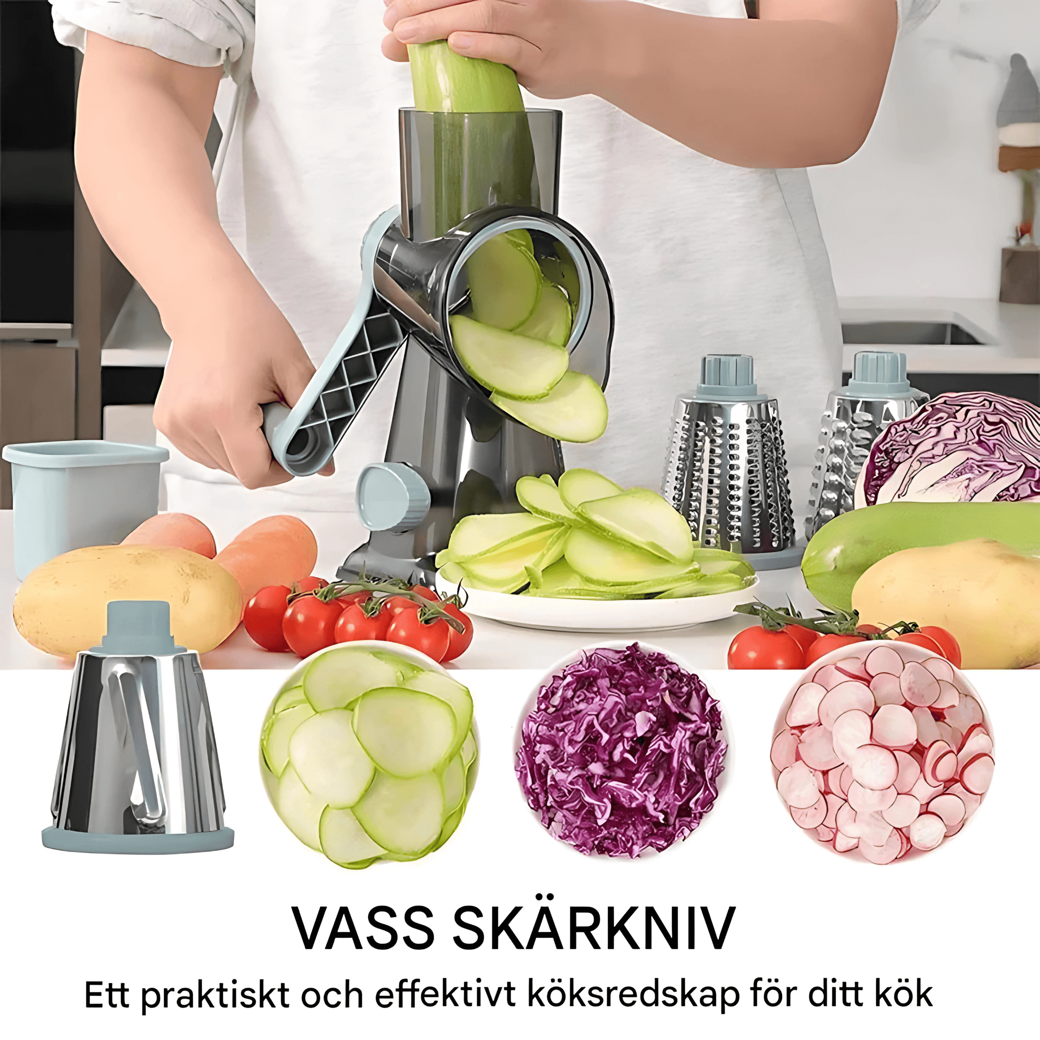 GratePro 2.0 – 3-i-1 Roterande Rivjärn med Skiv- & Strimlingsfunktion för Ost, Grönsaker och Nötter