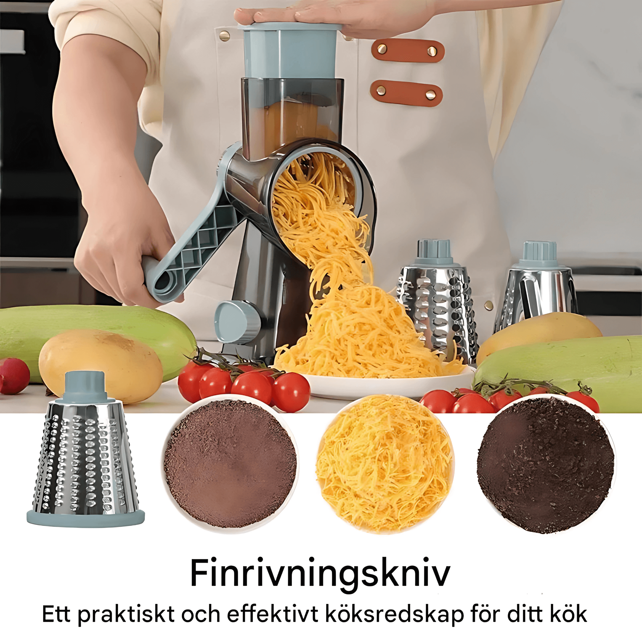 GratePro 2.0 – 3-i-1 Roterande Rivjärn med Skiv- & Strimlingsfunktion för Ost, Grönsaker och Nötter